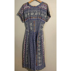 Vintage Choon Dress Womens Small Blue Batik Print Fit Flare Maxi Artsy Boho 70s
